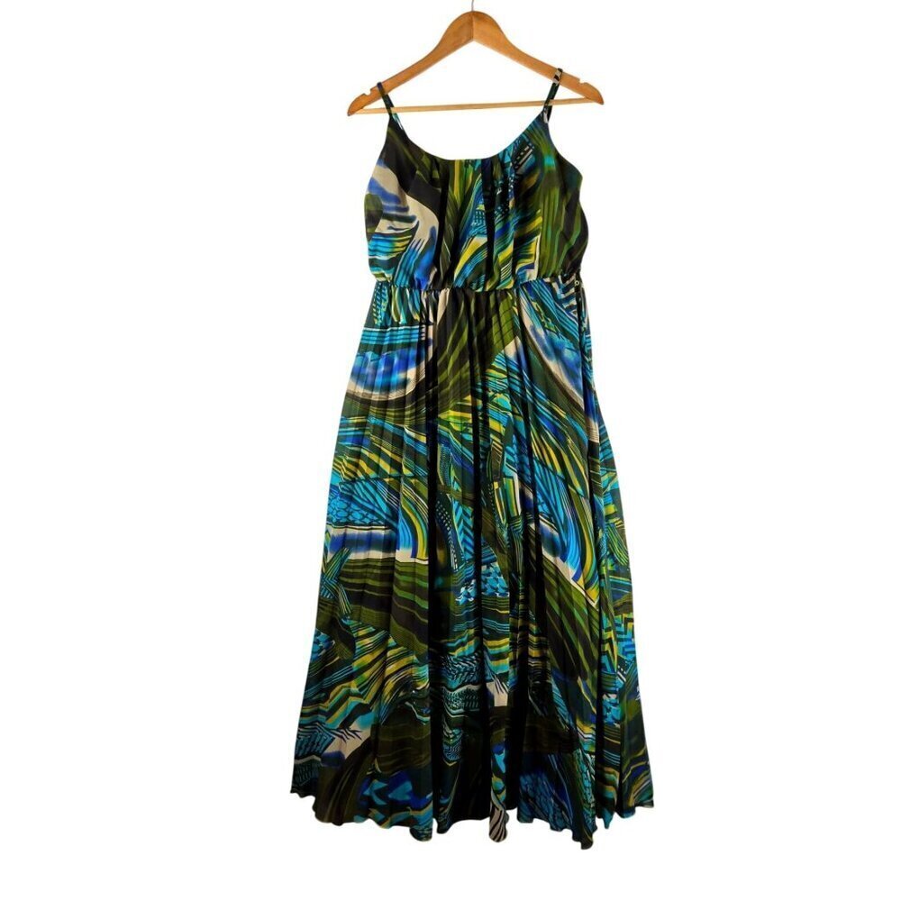 Robbie Bee Maxi Sun Dress Spaghetti Straps Sz 12 Green Blue Tropical Party - Picture 3 of 15